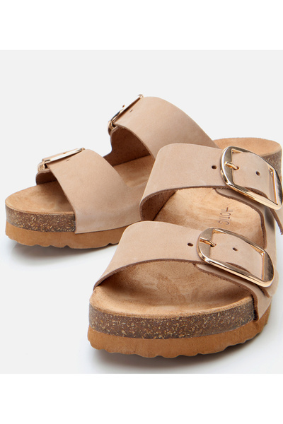 Hotiç Kadın Nubuk Deri Bej Kemerli Düz Terlik