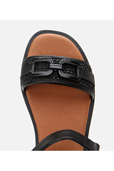 Hotiç Women's Leather Black Straw Detailed Flat Sandals