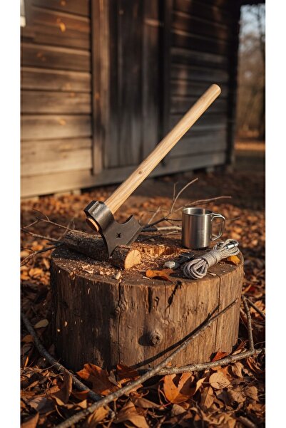 SKNIV Dövme Demir Çelik Kamp Baltası Nacak-gürgen Ağaç Saplı, Ay Yıldız Motifli