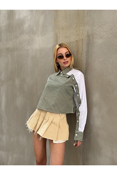 MAMAYAGA Női különleges kialakítású gallér ujjú gombos vonal díszített Crop Boy rövid blúz ing