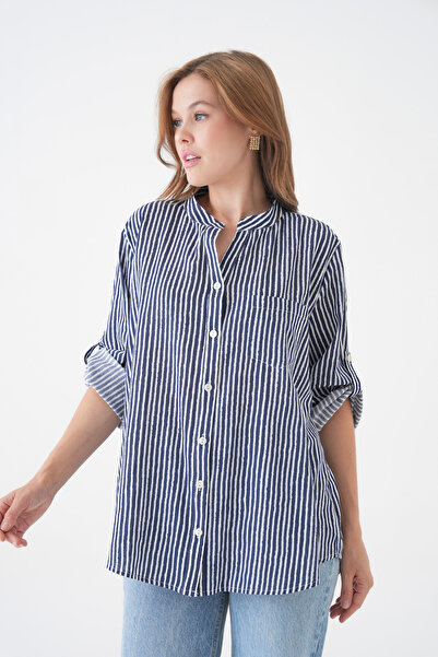 MAMAYAGA Cămașă cu guler înalt pentru femei, cu croială largă, cu dungi, spor...