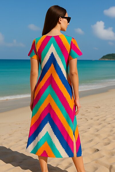 MAMAYAGA Women's V-Neck Front Gathered Half Sleeve 100% Viscose Patterned Sports Stylish Plus Size Curve Summer Dress