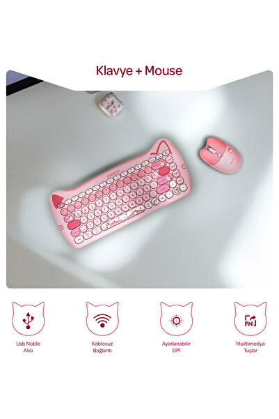 Everest Km-6285 Catty Mini Wireless-Bluetooth Kablosuz Ultra Sessiz Özel Tasarımlı Q Klavye Mouse Set Pembe