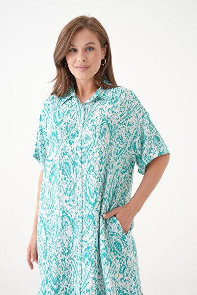 MAMAYAGA Women's Shirt Collar Front Button Short Sleeve Summer Print Plus Size Curve Summer Woven Dress