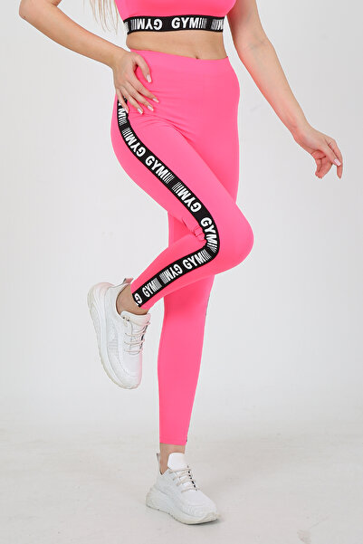 EDSA Pembe Polyester Yanı Şerit Detaylı Sporcu Kadın Tayt