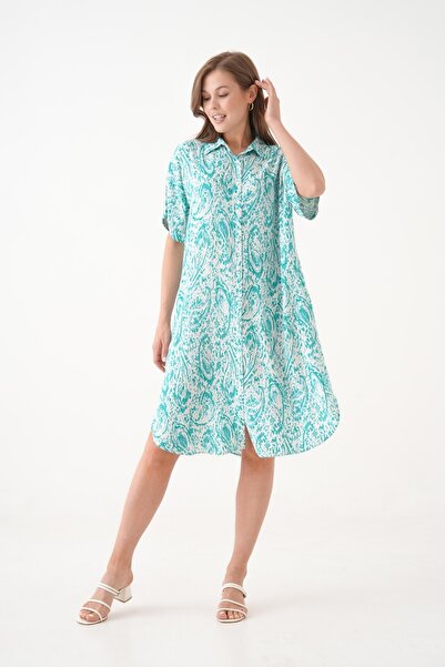 MAMAYAGA Women's Shirt Collar Front Button Short Sleeve Summer Print Plus Size Curve Summer Woven Dress