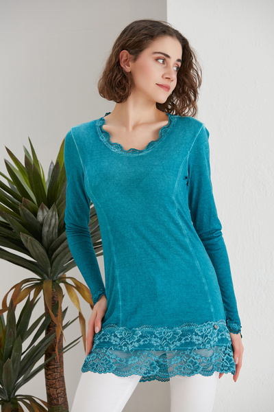 MAMAYAGA Women's Turquoise Blue Lace Detailed Long Sleeve Curve Sports Stylish Blouse Tunic