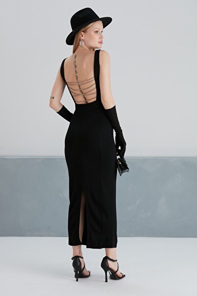 MAMAYAGA Kadın Kalın Askılı Sırt Ve Zincir Detaylı Midi Boy Yırtmaçlı Spor Şı...