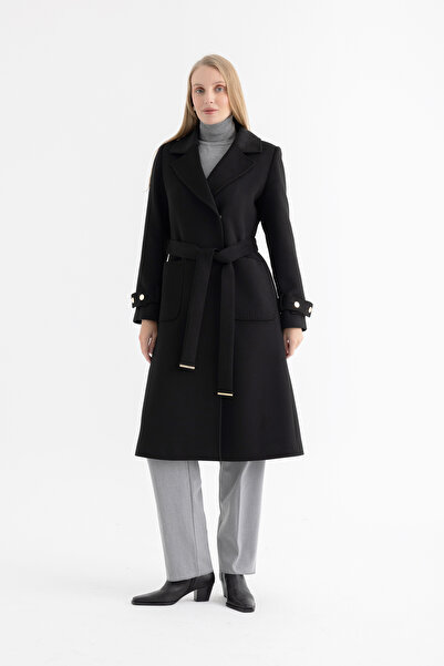 Mia Kara Long Women's Coat with Belt and Cuff Sleeves 4161 - Black