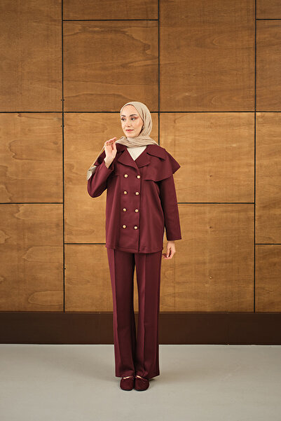 LOCCO Set dublu detaliat cu nasturi în față și țevi de damă, roșu claret