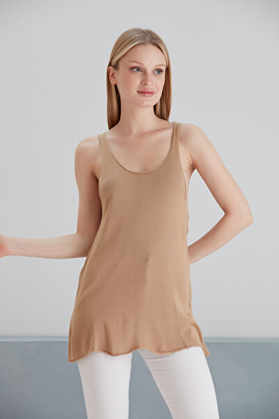 MAMAYAGA Kadın Kolsuz Simli Yazlık Spor Şık Curve Triko Bluz