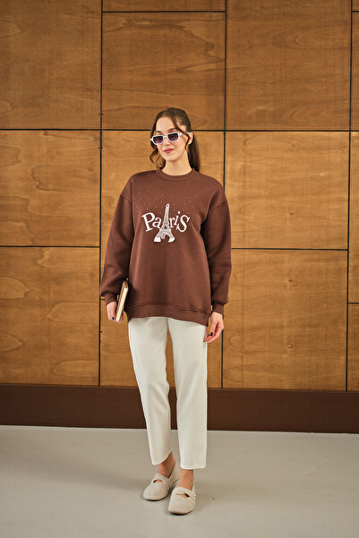 LOCCO Жіночий оверсайз-светр з каменем і вишивкою, коричневий