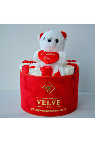 velve Ανθοσυνθεση με σαπουνένια τριαντάφυλλα, αρκουδάκι με μήνυμα αγάπης, σε ...