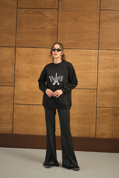 LOCCO Transpirație oversize pentru femei cu broderie neagră și pietre