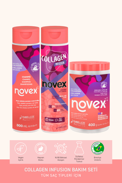 NOVEX Collagen Infusion - Kolajen Şampuan 300ml Saç Kremi 300ml Saç Maskesi 4...