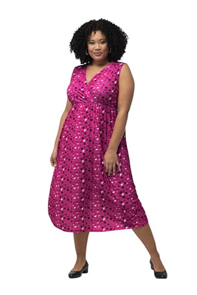 MAMAYAGA Women's Double Breasted Neck Elastic Waist Sleeveless Patterned Maxi Length Plus Size Curve Stylish Dress