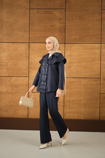 LOCCO Set de două piese pentru femei, cu nasturi în față și cu detaliu de țevi, bleumarin