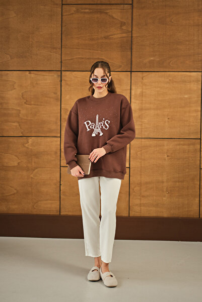 LOCCO Жіночий оверсайз-светр з каменем і вишивкою, коричневий