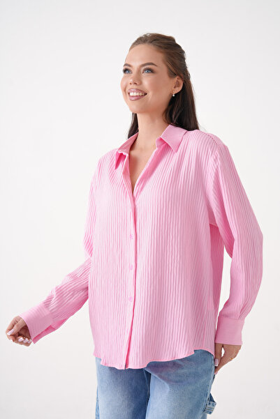 MAMAYAGA Kadın Gömlek Yaka Önü Düğmeli Düz Uzun Kol Rahat Kalıp Curve Büyük Bedeb Yazlık Gömlek