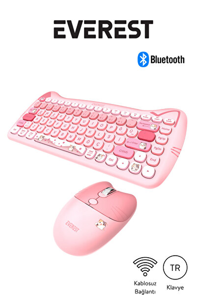 Everest Km-6285 Catty Mini Wireless-Bluetooth Kablosuz Ultra Sessiz Özel Tasarımlı Q Klavye Mouse Set Pembe