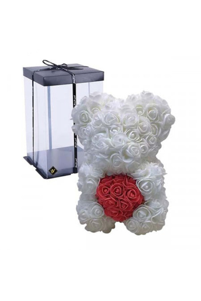 velve Λευκό λουλουδάτο αρκουδάκι με κόκκινη καρδιά, φτιαγμένο από τριαντάφυλλ...