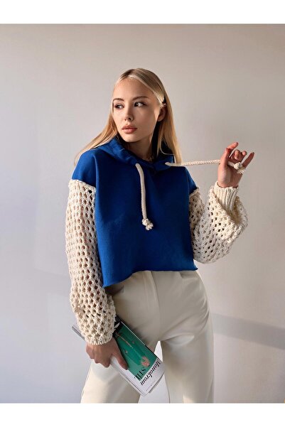 MAMAYAGA Tricotaj tricot cu mâneci pentru femei Design super elegant Oversize Crop Oversize Saks Blue Hanorac