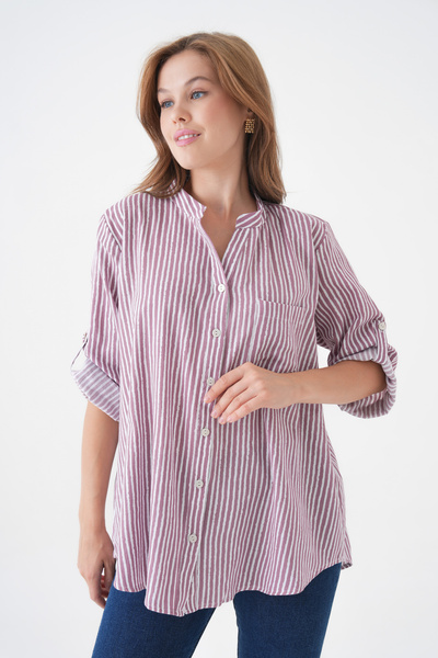 MAMAYAGA Cămașă cu guler înalt pentru femei, cu croială largă, cu dungi, spor...