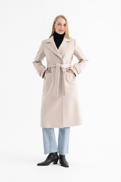 Mia Kara Long Women's Coat with Belt and Cuff Sleeves 4161 - Stone