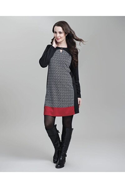 Genel Markalar Kadın Gri Kırmızı Detaylı Uzun Kollu Kısa Hamile Elbise
