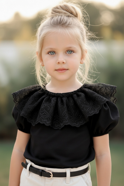 Parla Kids Girl's Black Crew Neck Lace Short Sleeve April 23 Blouse Shirt Evening Dress