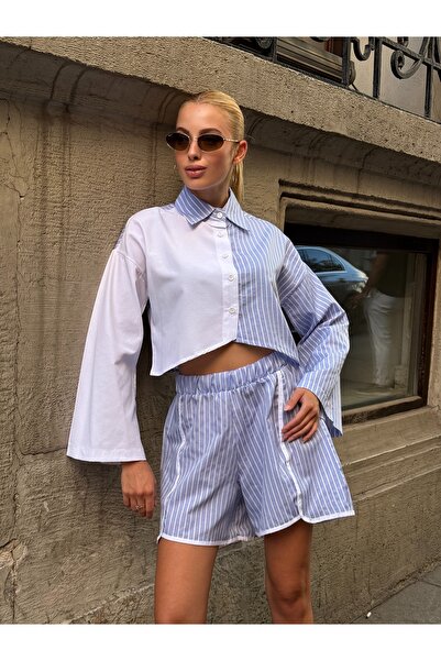 MAMAYAGA Women's Striped Asymmetrical Cut Spanish Sleeve Front Button Sports Stylish Design Skirt Shorts Shirt Suit