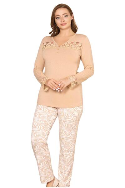FLZ Women's Long Sleeve Lace Detail Modal Printed Pajama Set 89-42