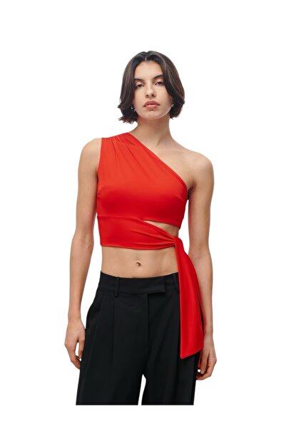 MAMAYAGA Women's Waist Tie Detail Single Sleeve Off-the-Shoulder Sports Stylish Comfortable Fit Croptop Blouse