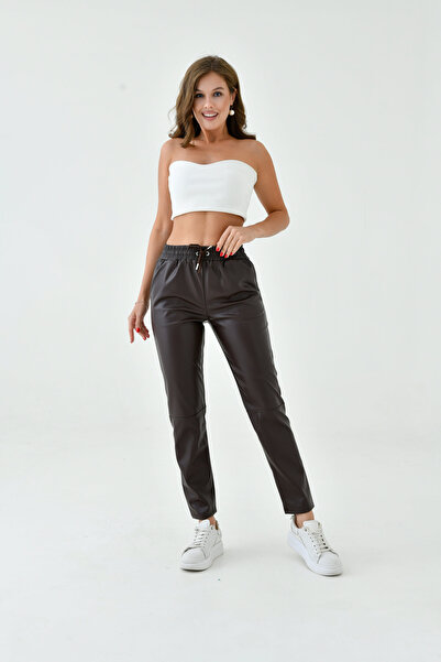 MAMAYAGA Kadın Beli Lastikli Parça Derili Spor Şık Tasarım Deri Pantolon