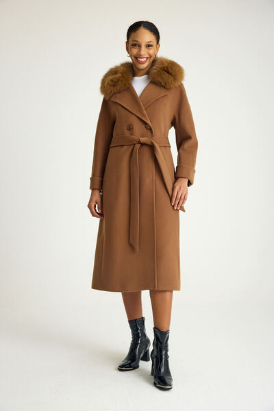 KENT Fur Collar Slim Fit Long Mustard Coat Self Pattern Woven Fabric