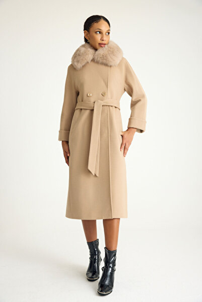 KENT Kürk Yakalı Slim Fit Uzun Açık Camel Kaban Kendinden Desenli Dokuma Kumaş