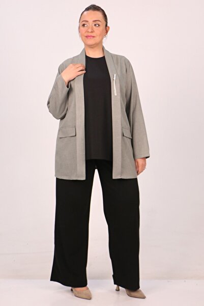 Eslina F-43021 Plus Size Detachable Brooch Woven Fabric Short Jacket-Nefti