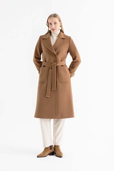 Mia Kara Long Women's Coat with Belt and Cuff Sleeves 4161 - Camel