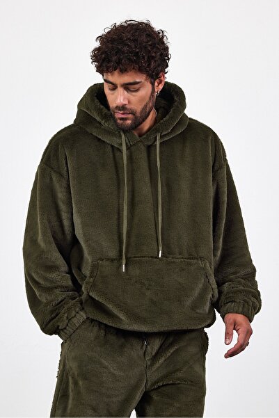 MADZEYMODA Ανδρικό κοστούμι με κουκούλα χακί Premium, βελούδινο κοστούμι καγκουρό LS-8622