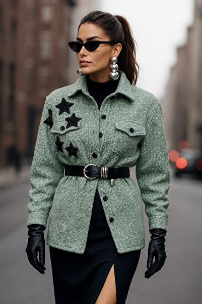 GZ Design Siyah Yıldız Işlemeli Mint Yeşili Yünlü Kaşe Ceket