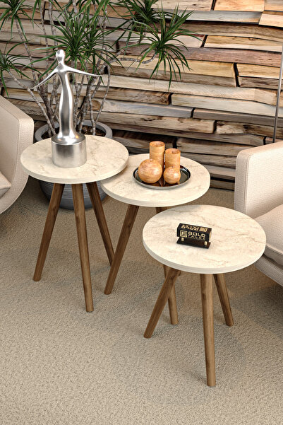 GOLDFALEZ Zigon Sehpa 3 Lü Set Ahşap Torna Ayak Traverten