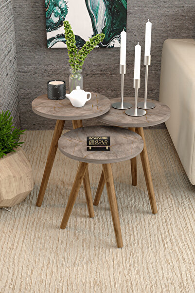 GOLDFALEZ Zigon Sehpa 3 Lü Ahşap Torna Ayak Gordion