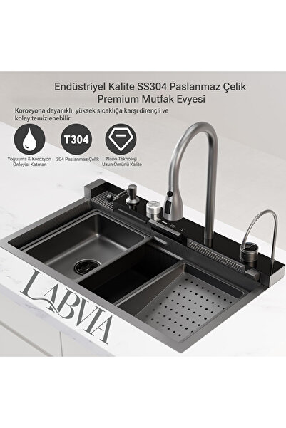 LAVİNGER 9 Fonksiyonlu Led Panelli Premium Şelale Tipi Lüks Akıllı Mutfak Evy...