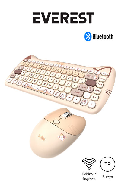 Everest Km-6285 Catty Mini  Wireless-Bluetooth Kablosuz Ultra Sessiz Özel Tasarımlı Q Klavye Mouse Set Bej