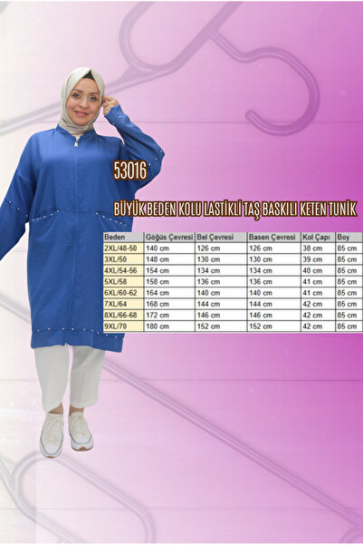 Eslina F-53016 Plus Size Elastic Sleeve Stone Printed Linen Tunic - Indigo