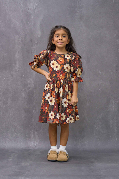 KÜÇÜĞÜM BUTİK Vintage Coffee Daisy Patterned Satin Mother Skirt and Girl's Flared Dress (Sold Separately)