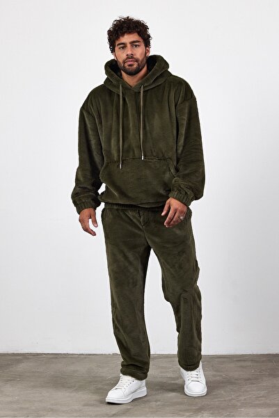 MADZEYMODA Ανδρικό κοστούμι με κουκούλα χακί Premium, βελούδινο κοστούμι καγκουρό LS-8622