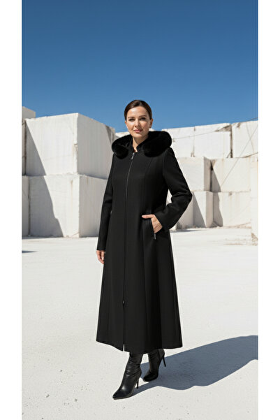 ALVİSTA Kadın Siyah Kaşe Kaban Manto - Pelüş Detaylı Kapüşonlu