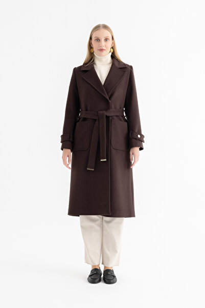 Mia Kara Long Women's Coat with Belt and Cuff Sleeves 4161 - Bitter Brown