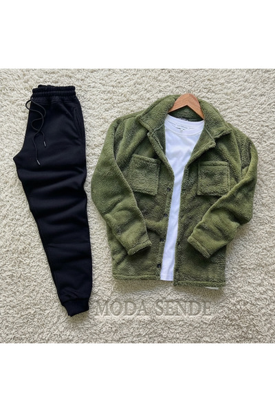 İnsane Minds Men's Pocket Detailed Plush Shirt and Tracksuit Combination, Top and Bottom